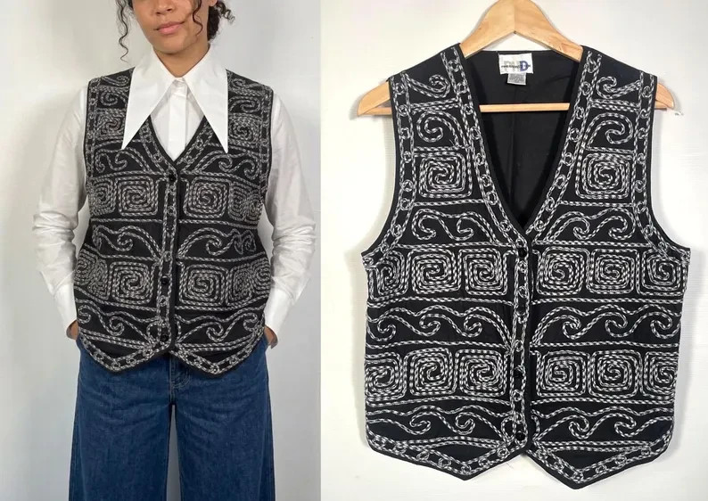 Vintage 1990s Western Cotton Gingham Rope Applique Vest Size M