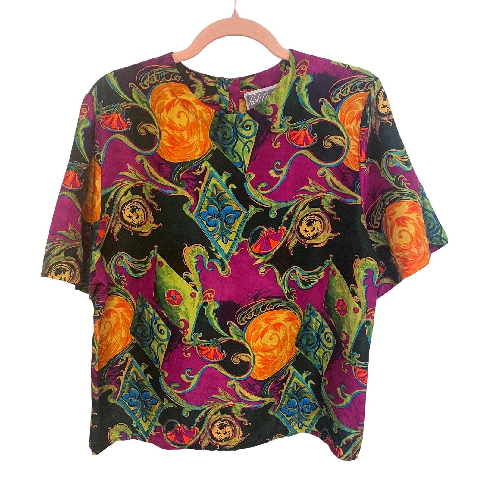 Vintage Silk Blouse Baroque Print Short Sleeve Top Pat Argenti Size 10