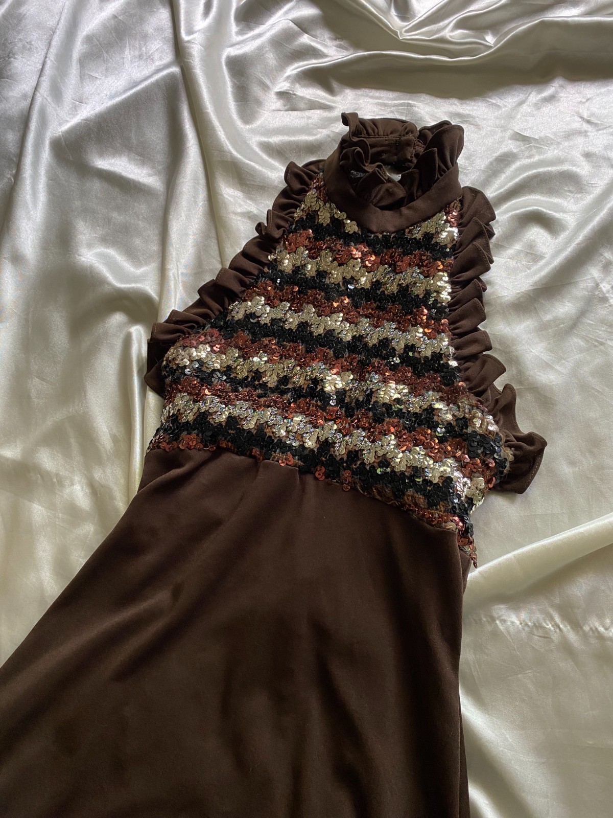 Vintage 1970s Brown Sequin Halter Ruffle Prom Gown Boho Disco XS/S