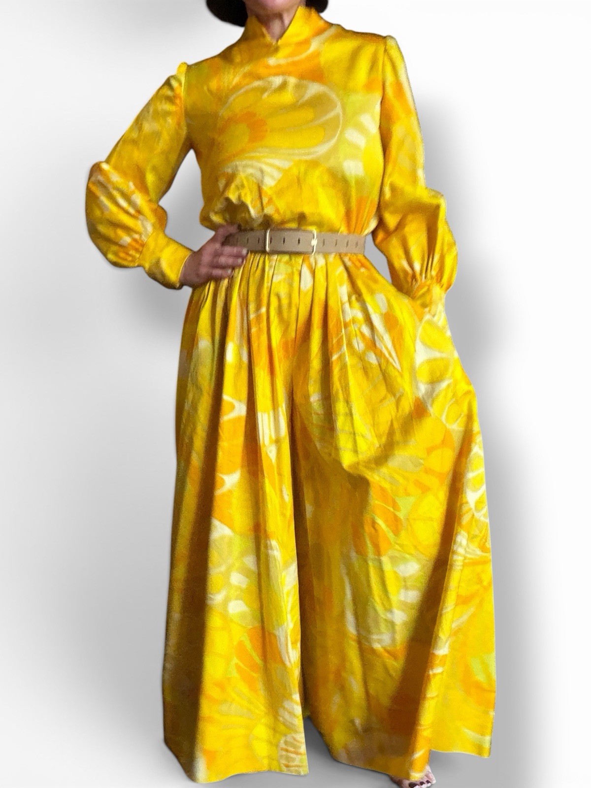 Vintage 60s 70s Handmade Yellow Floral Palazzo Jumpsuit Twiggy Mod One of a Kind
