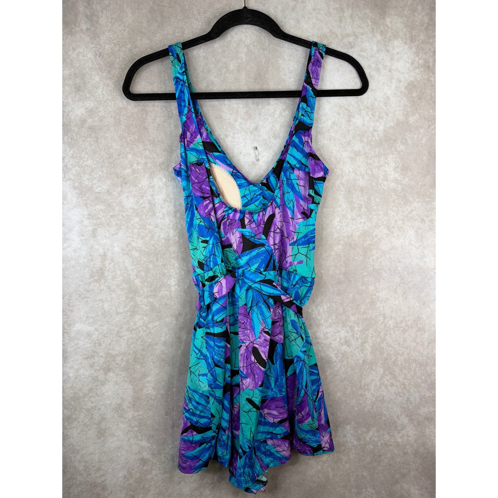 Maxine of Hollywood Swim Dress Women 16 Blue Purple Tropical Leaf Vintage 90s