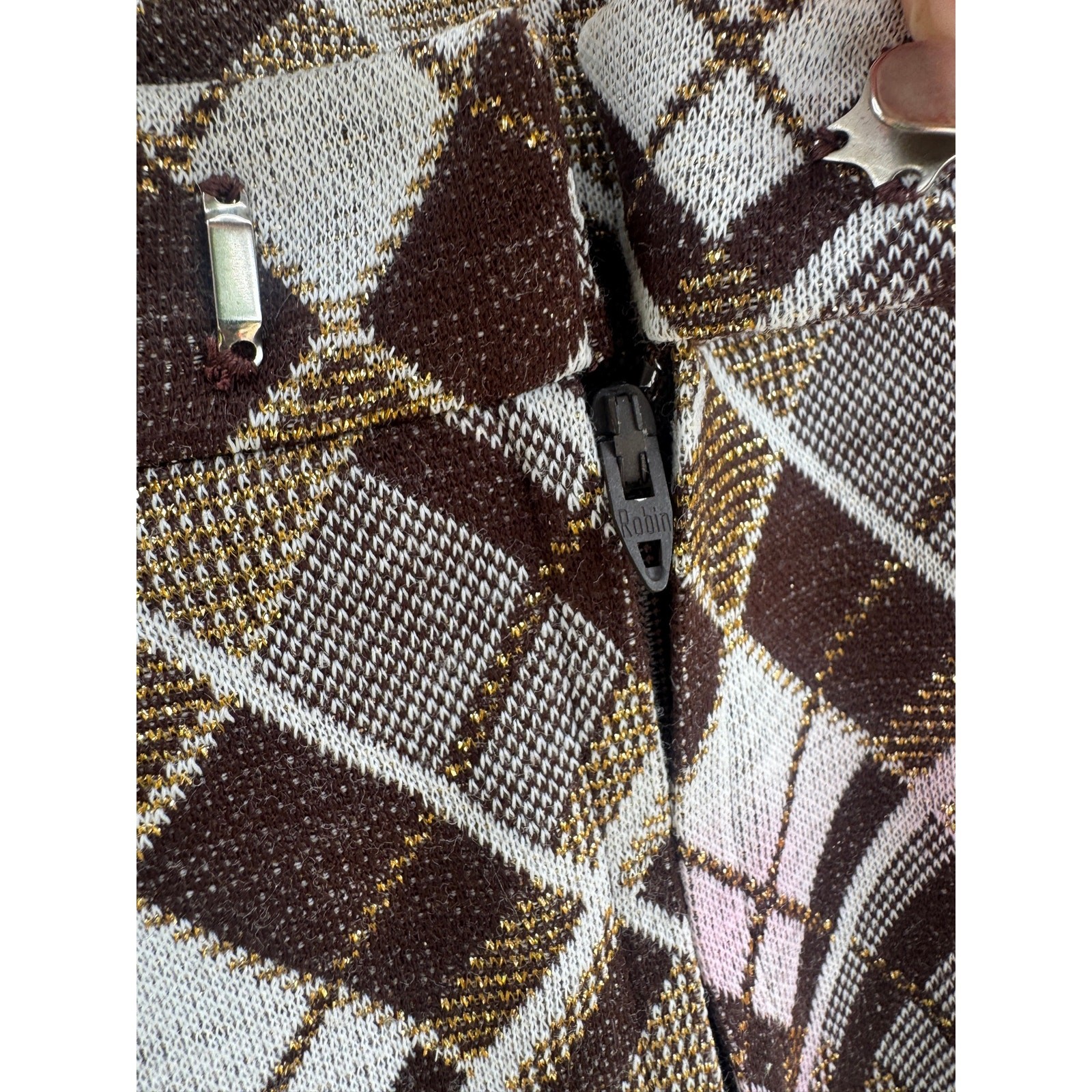 Vintage 1970s Argyle Plaid Maxi Skirt Brown Gold Metallic Lurex Knit A Line M/L