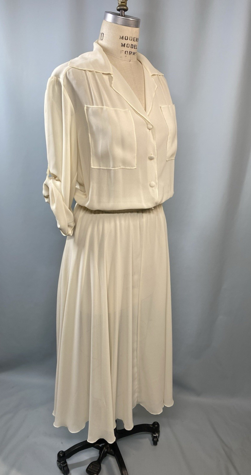 Vintage Dress SIZE 11/12 LARGE ivory white georgette chiffon DIDA 70s 80s sheer