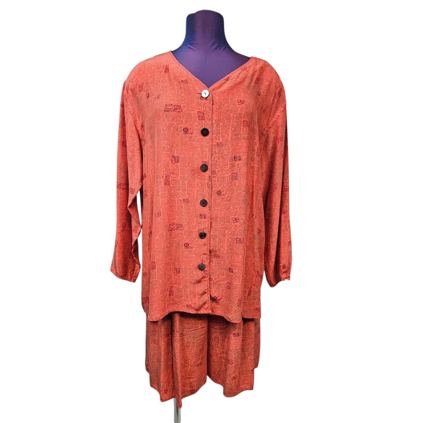 Vintage Silk Terracotta Mayan Glyph Print Tunic & Culottes 2 Piece Set Womens