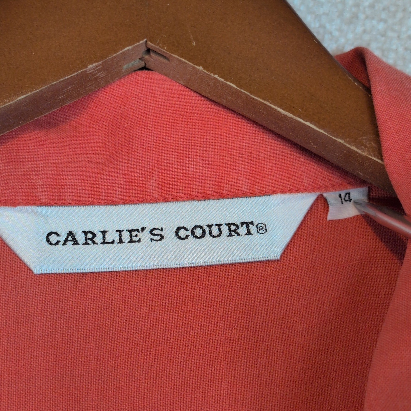 VTG Carlie’s Court Linen Shirt Coral Pink Shoulder Pads Sz 14 Cottagecore Light