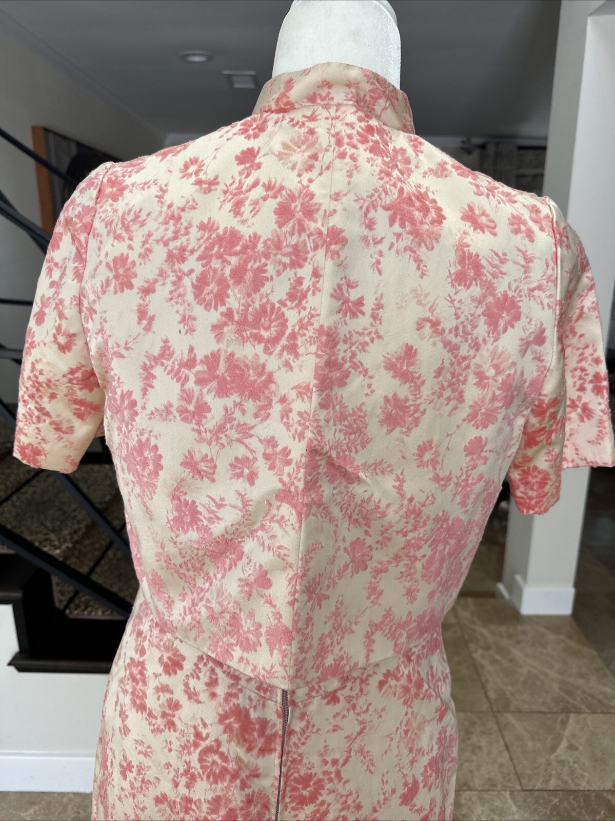 Vintage 60s Cream Satin & Pink Velvet Flocking Evening Gown With Jacket Size 6