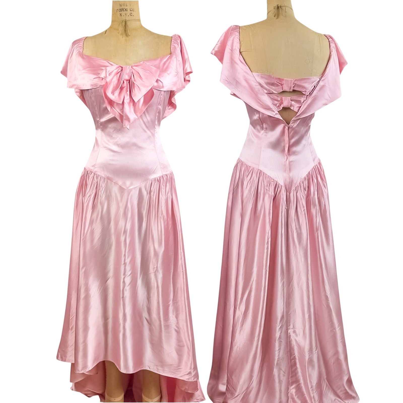 Vintage 80s Satin Pink Formal Ball Gown Princess Bow Hi Low Prom Party Dress