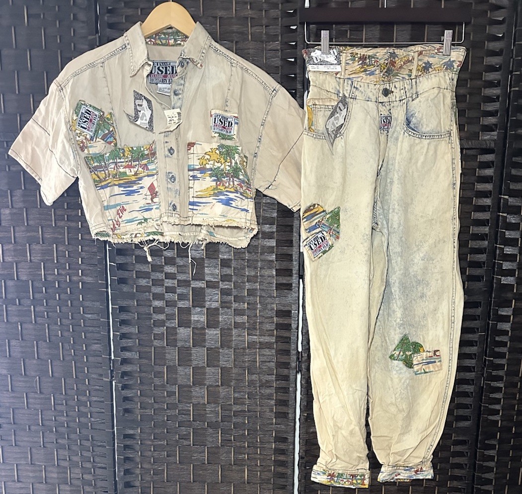 NWT Vintage 80s Get Used by Elie 2-Piece Denim Set Shirt Foldover Jeans Sz S 28