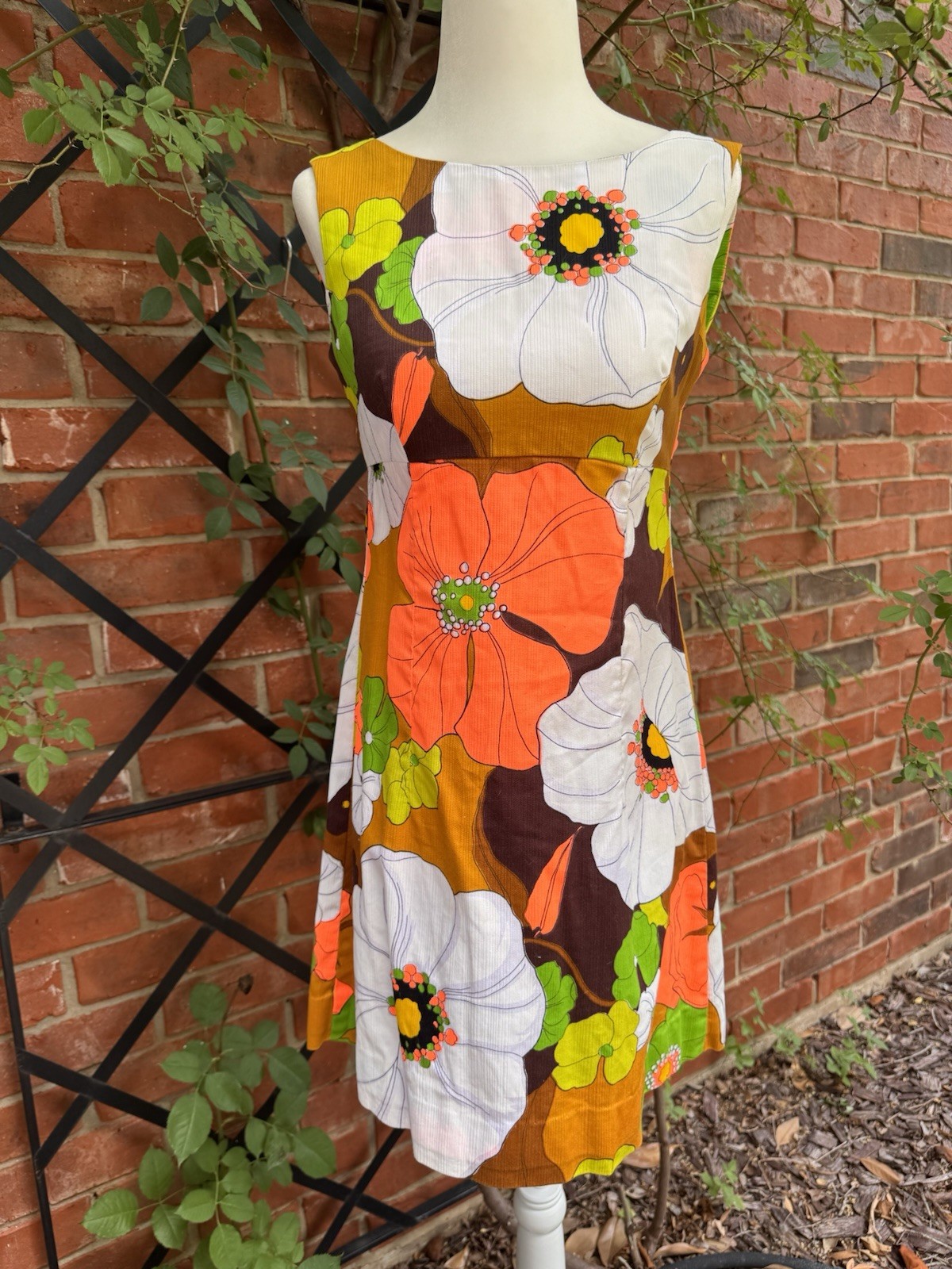 Vintage 1960s Neon Floral Tiki Polynesian Hawaiian Dress Watteau Back Size XXS