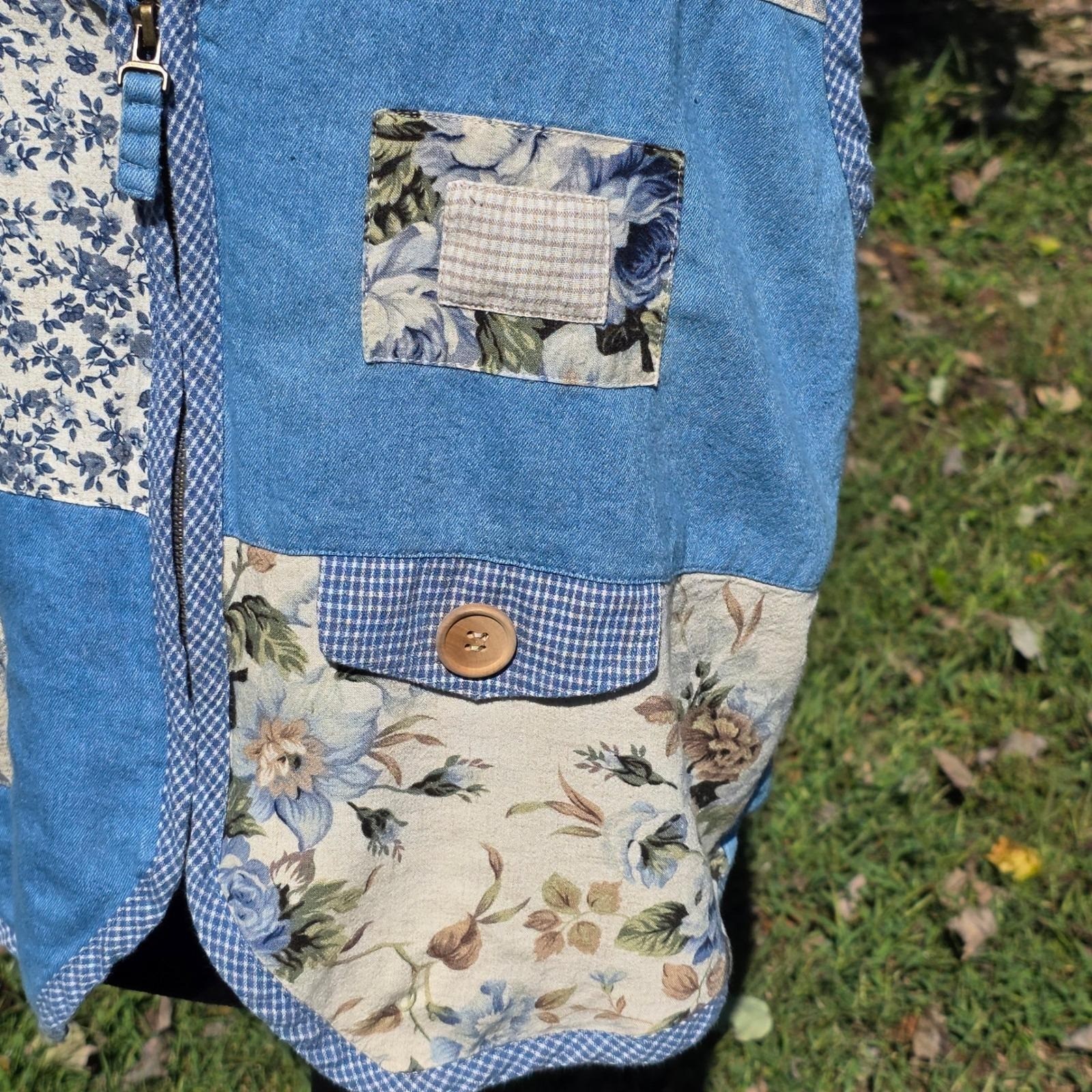 Koret City Blues Womens Floral Patchwork Vest Cottagecore Blue Large Pockets VTG