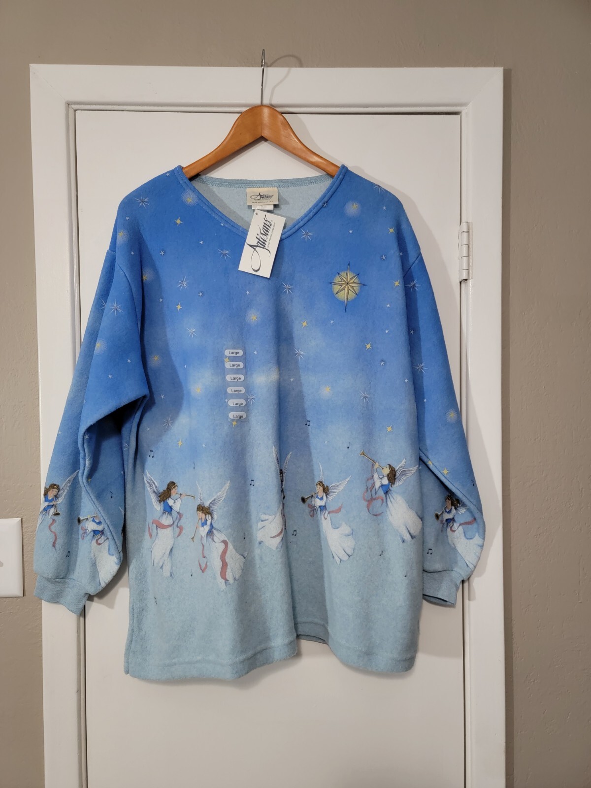 New Vintage Artisans Blue Christmas Angels v-neck Sweater sz Large, Made USA