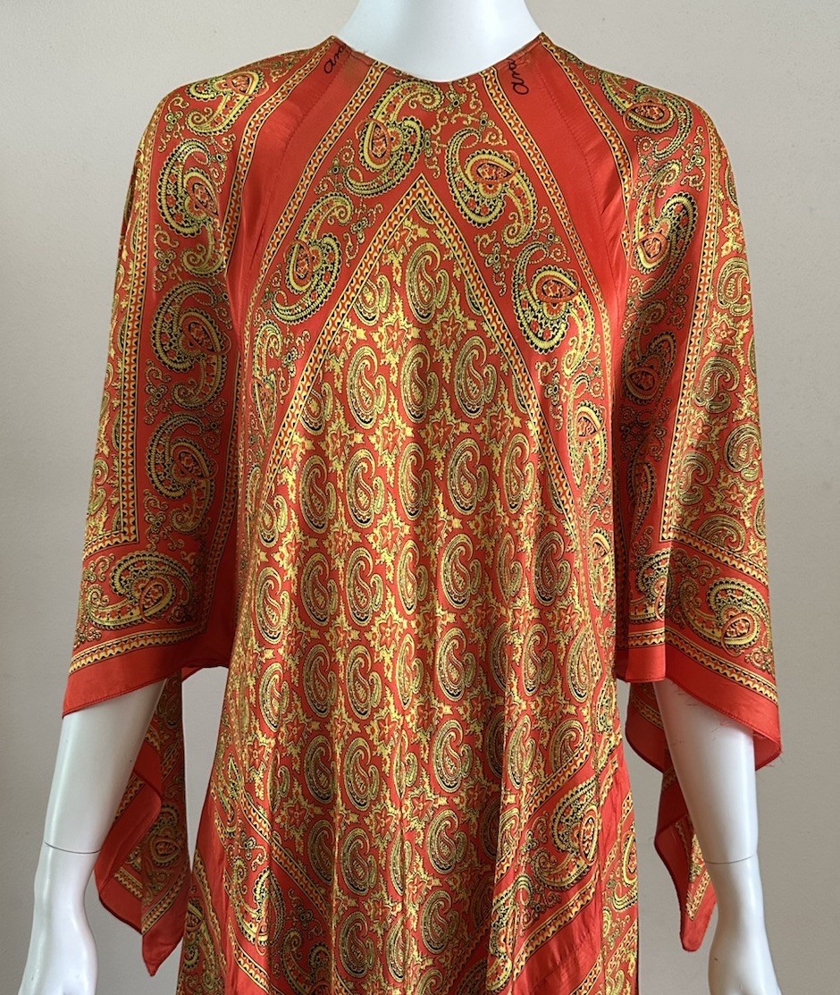 70s VTG Mexican Aramis Scarf Caftan Dress 63” Extra Long Tall Maxi Angel Sleeve
