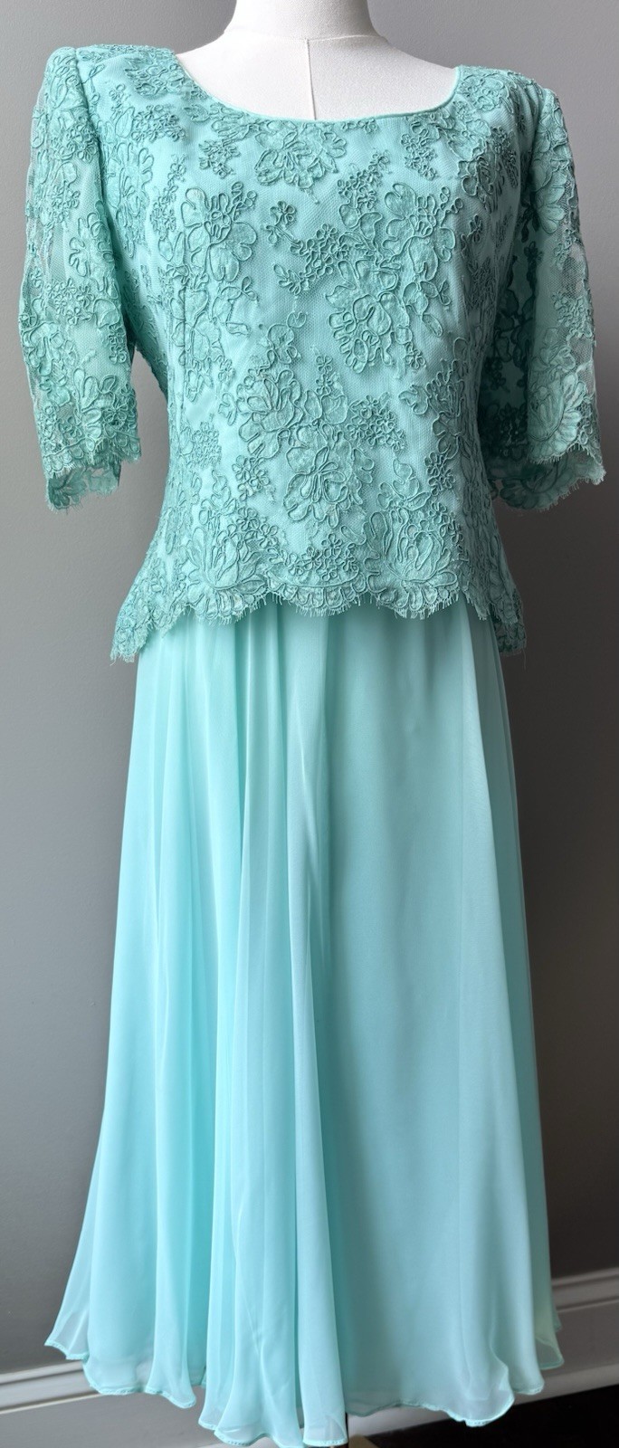 Lace Chiffon Outfit Set 2 Pc Green Skirt Top Formal Womens 12 Vintage Gene Roye