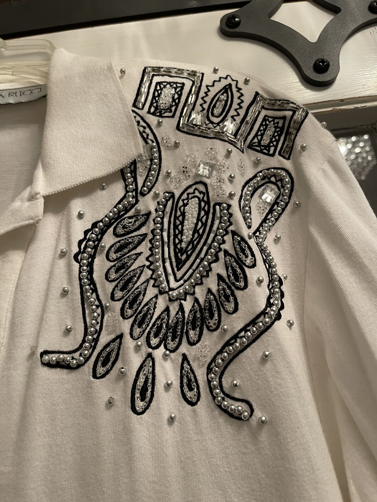 Vintage Pia Rucci Top Medium Embroidered Beaded Shoulder Pads White