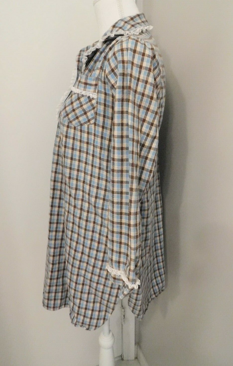 Vintage Size Small Blue Beige Brown Checkered Brandywine Short Flannel Nightgown