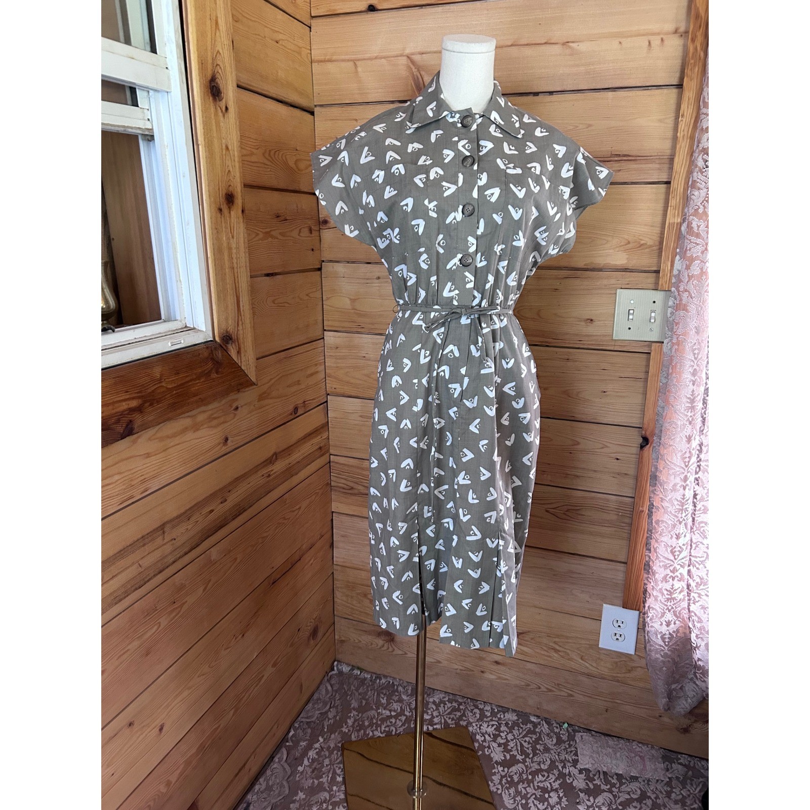 Vintage Shirtdress Women Large Taupe Geometric Abstract Heart Print 80s Handmade