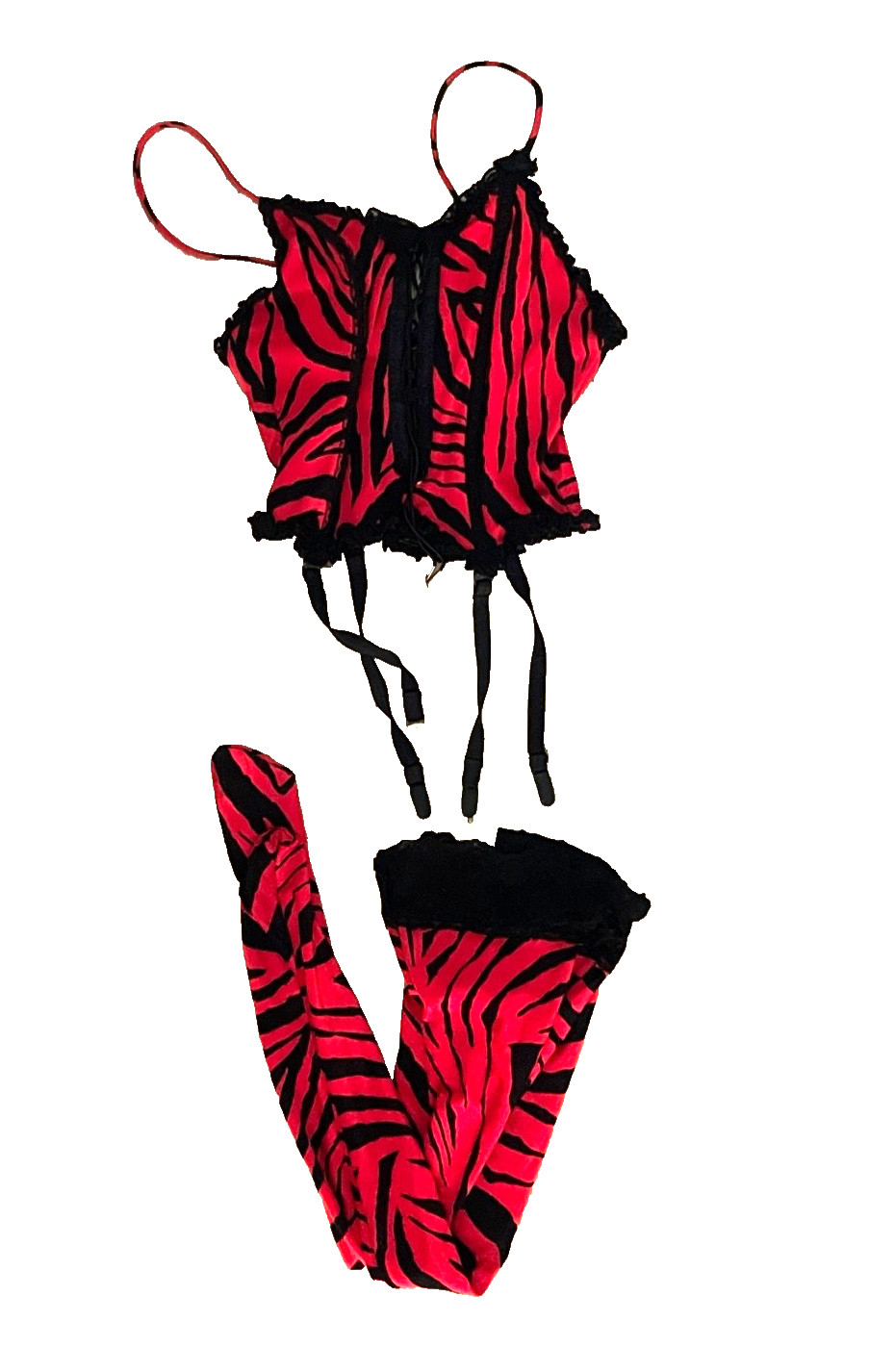 VINTAGE 80s RED BLACK LACE CAMI TEDDY W GARTERS & HOSE WOMEN’S MEDIUM