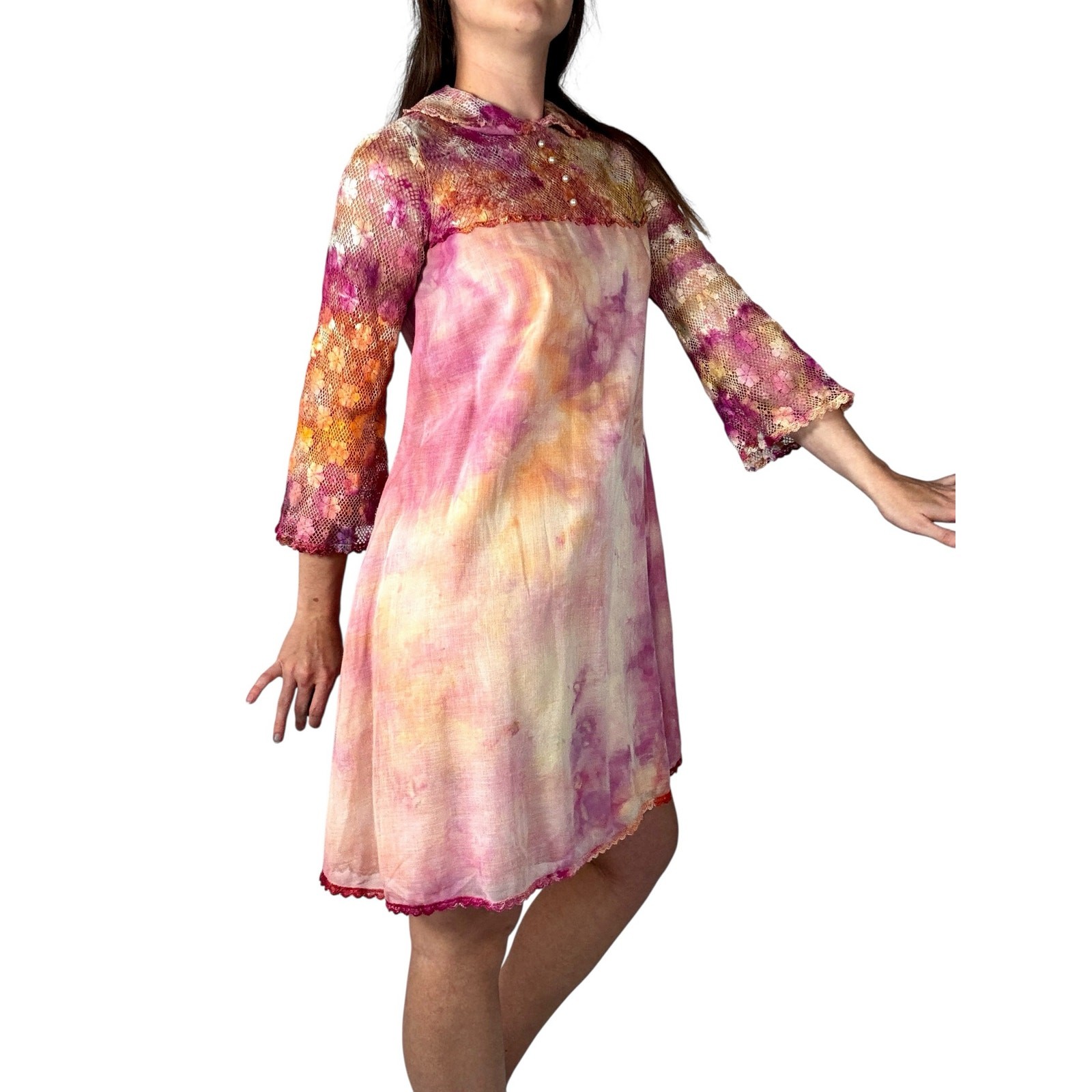 Vintage 1960s Hand Dyed Pink Orange Ice Dye Shift Dress Bell Sleeves Lace Yoke