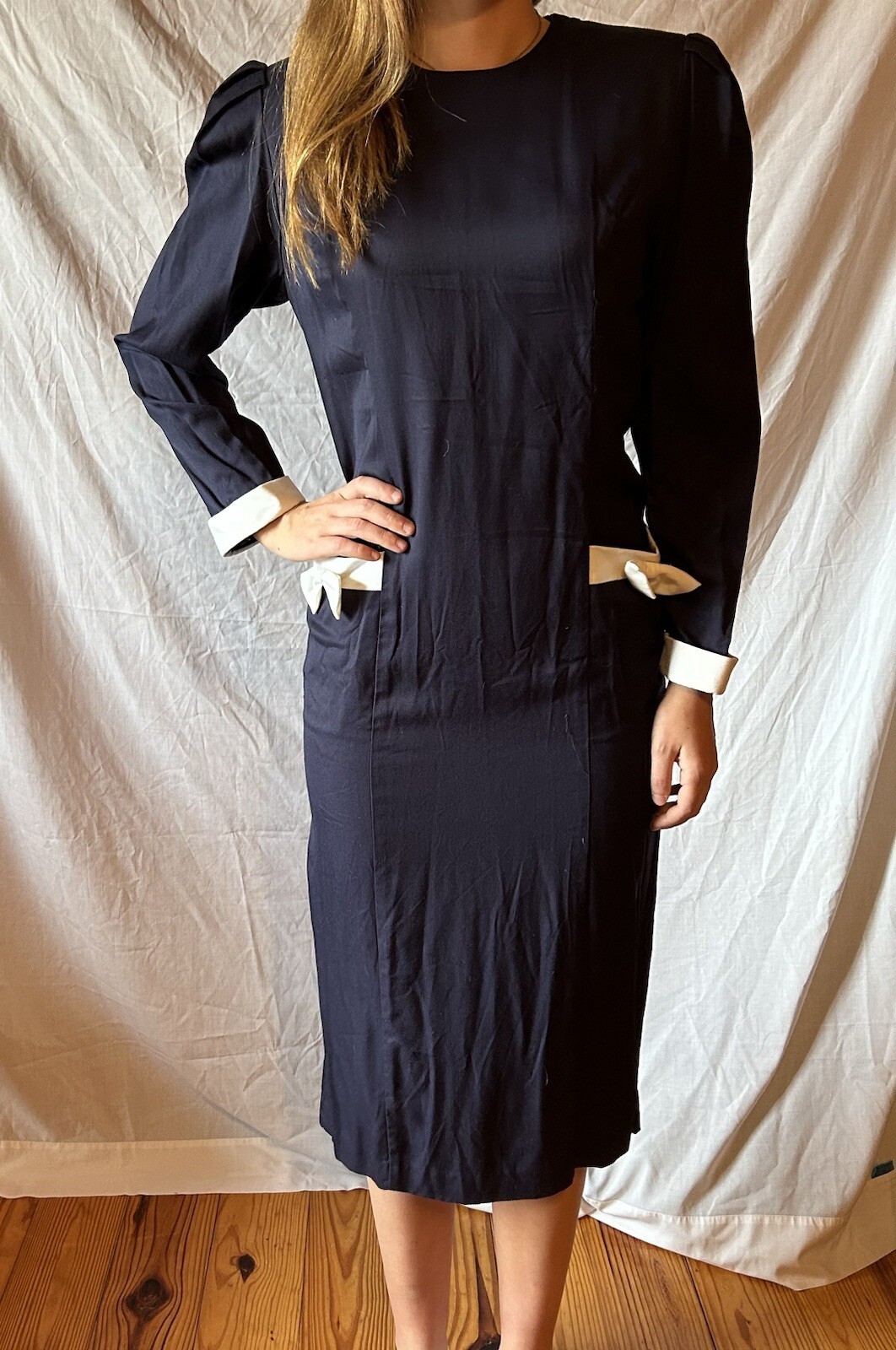 Vintage 1950’s Navy Dress with Cream Bows Art Deco Retro