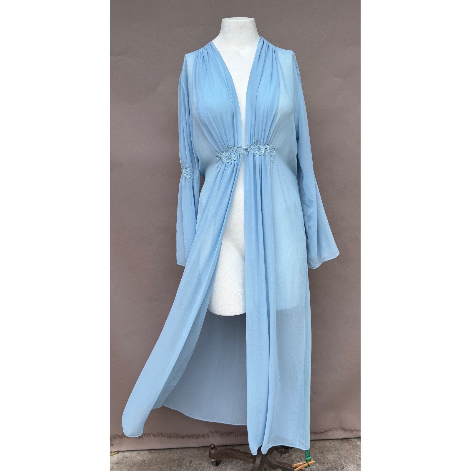 Vintage Blue Sheer Chiffon Maxi Robe Lace Bell Sleeve Button Hollywood Large