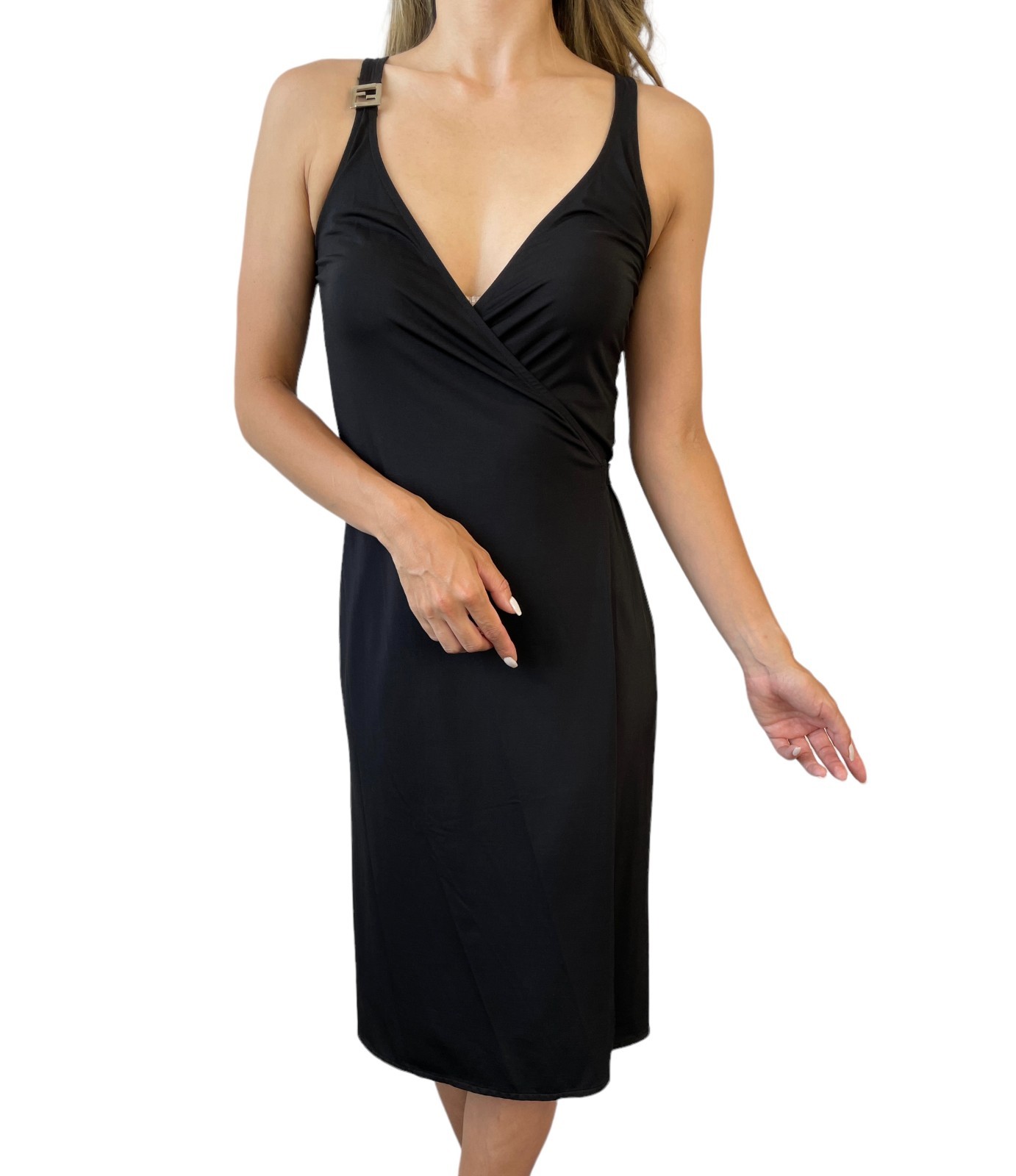 FENDI Vintage FF Logo Sleeveless Dress One-piece #42 Black Silver Nylon 901809