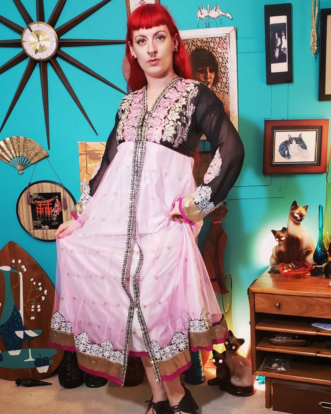 VTG Handmade Indian Black Pink Gold Empire Waist Organza Chiffon Dress