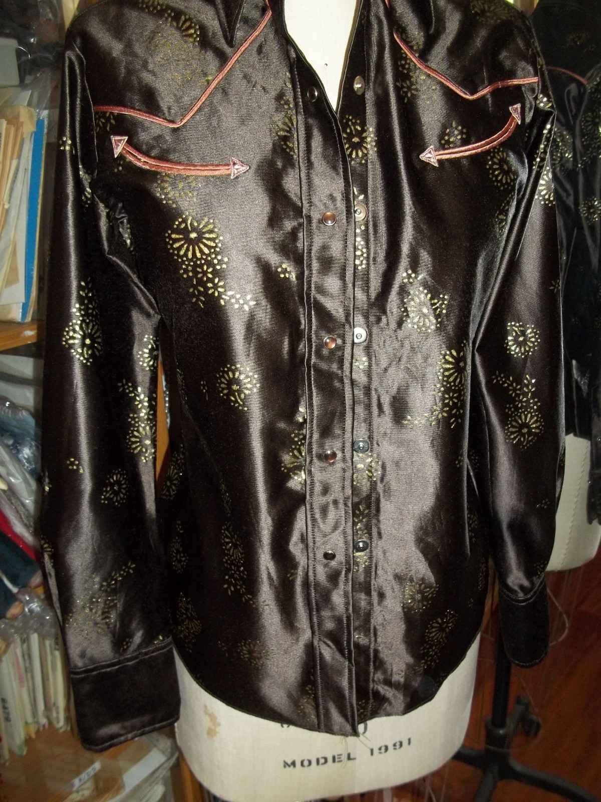 Vintage Panhandle Slim Western Shirt S-M Arnel Brown Gold Metallic Snaps 70s 80