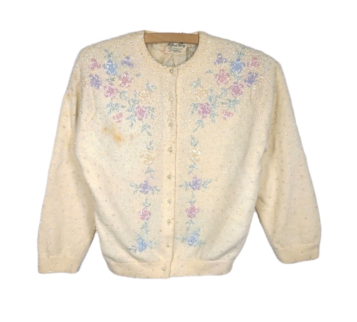 1950s Beaded Cashmere Cardigan Silk Lined Cut Glass Alfred Wong Small Vintage