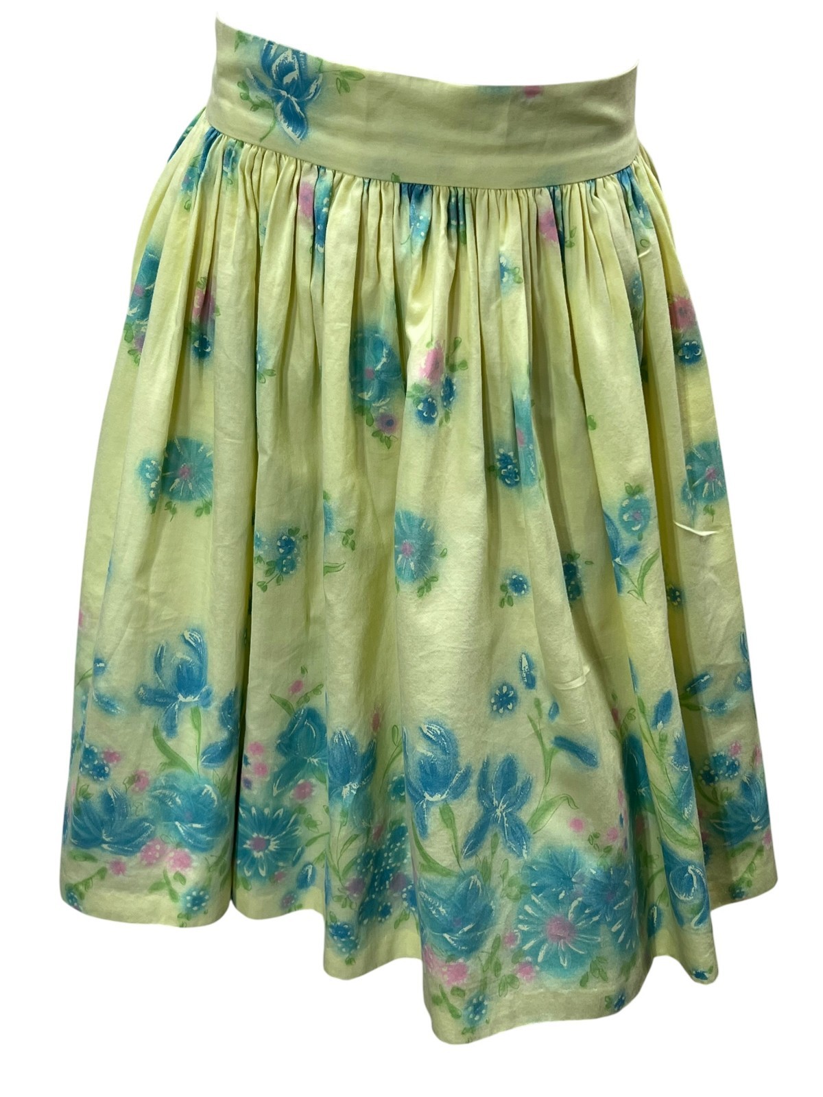 Vtg 60s SKIRT Sz XS~S 24″ W+ Cotton Skirt Yellow Aqua Polished Cotton Floral