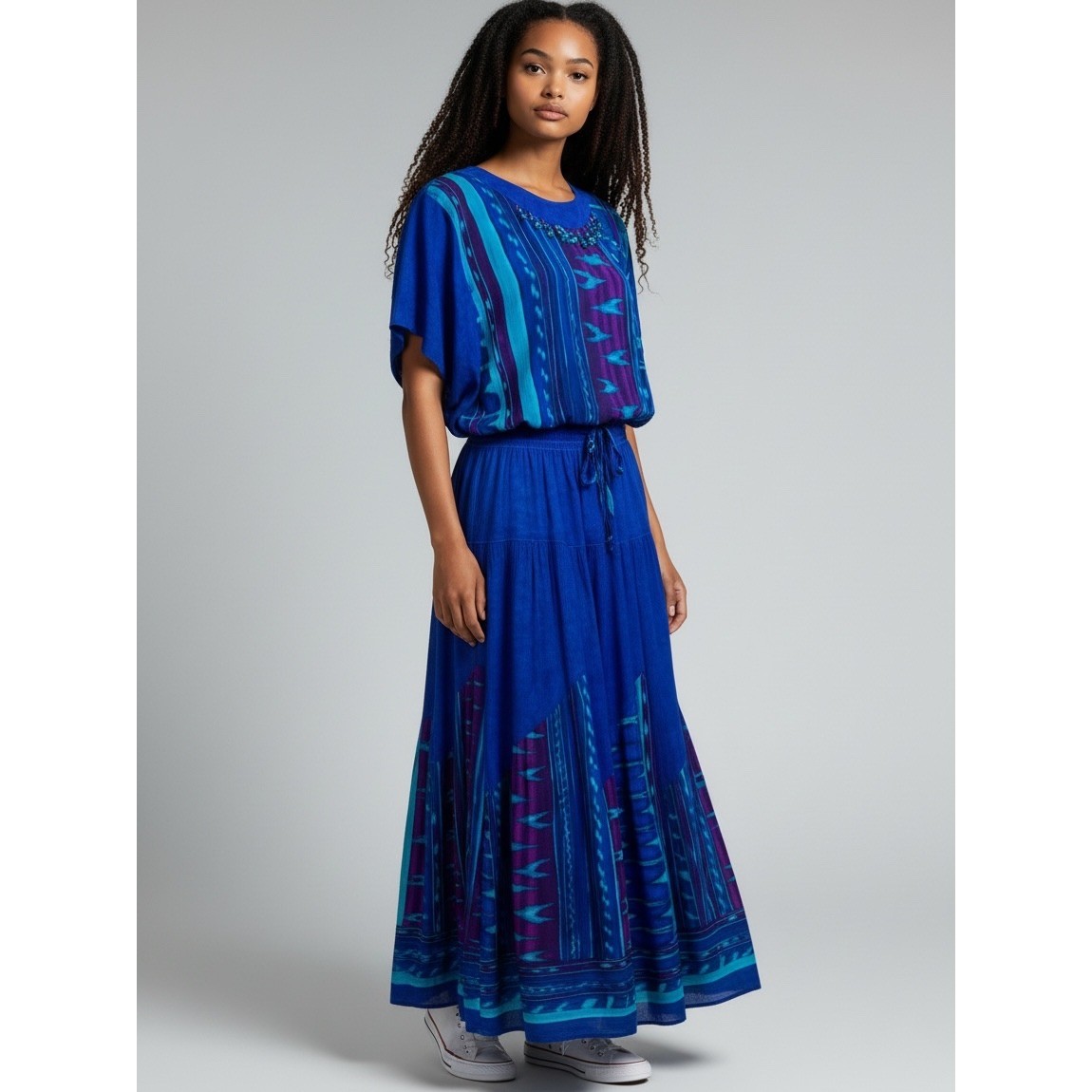 Vintage 90s CAROLE LITTLE Midi Dress 14 Blue Beaded Tribal Boho Art to Wear