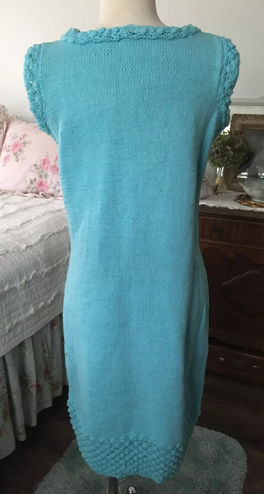 VTG 1960s Pastel AQUA Bubble HANDKNIT Dress Pin Up MOD Sleeveless
