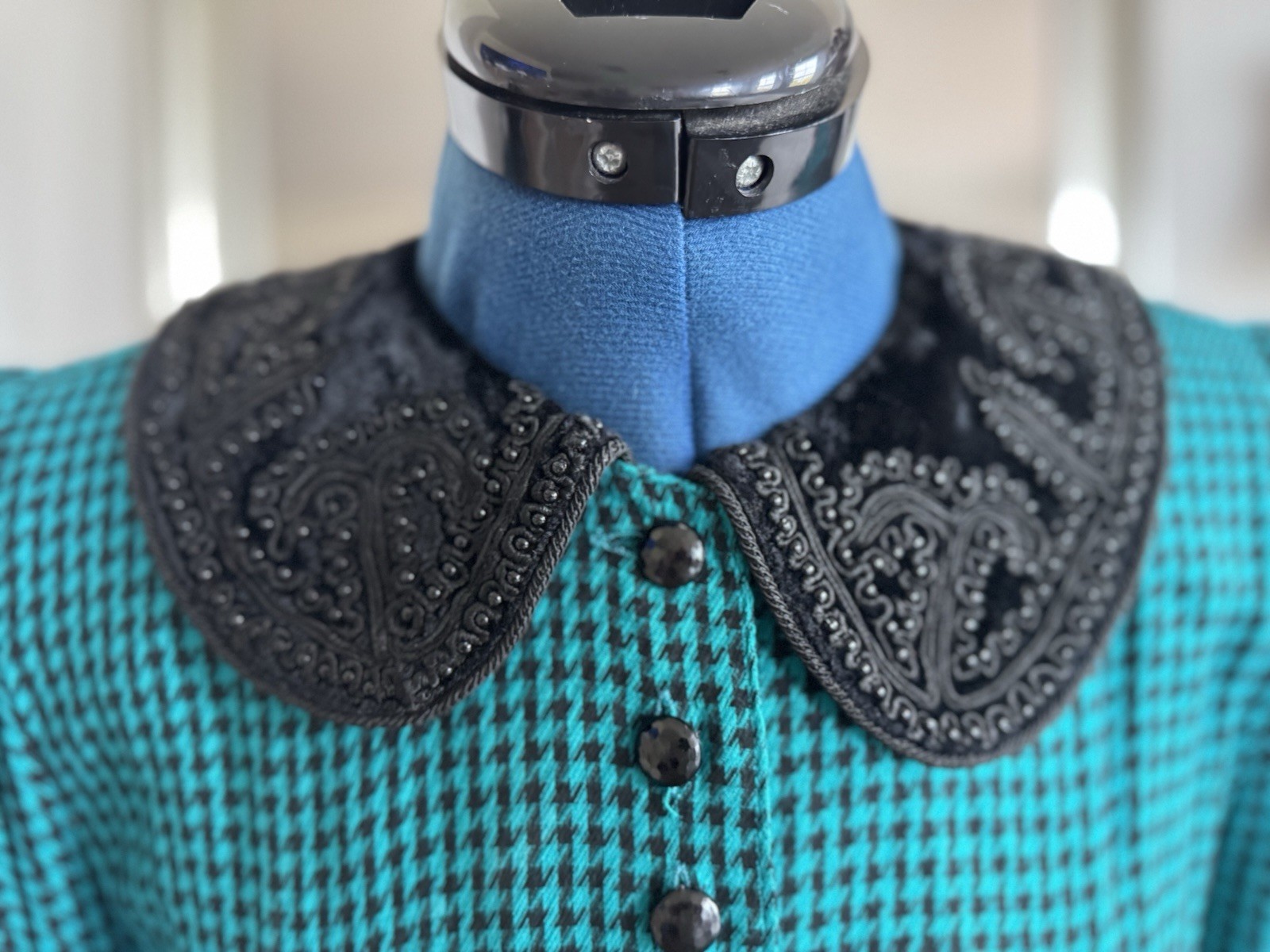 Vintage 80s Sarah Elizabeth Beaded collar Teal Gingham Goth Check Maxi Dress