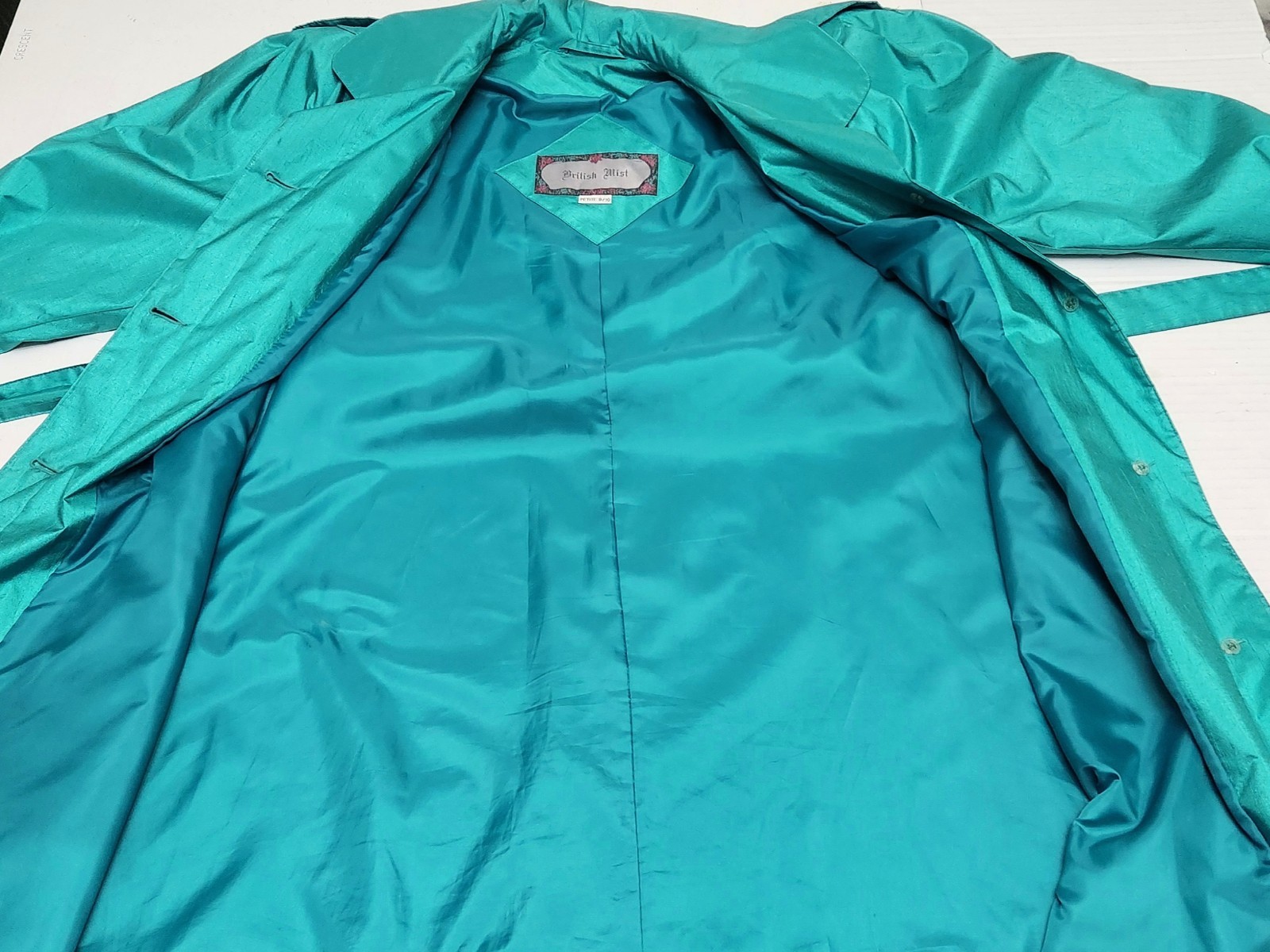 Vintage 80s British Mist Women’s Shiny Teal Rain/Trench Coat 9/10 Petite VG