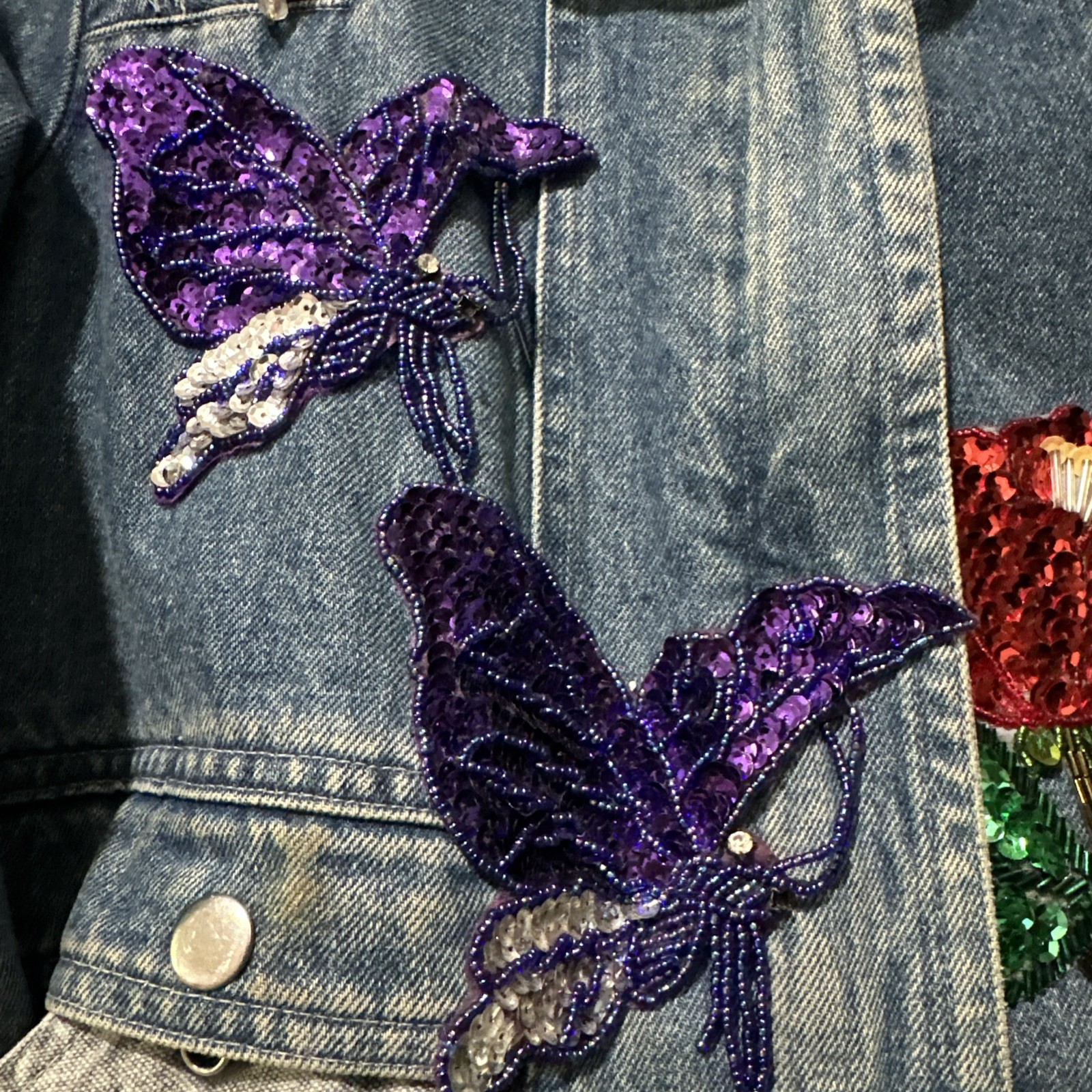 Vtg Mod Maid Denim Jacket Texas Bluebonnet Beaded Gold Fringe Western Cowgirl L