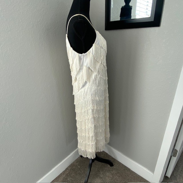 VINTAGE 70s Joy Stevens Ivory Fringe Flapper Gatsby Dress Sz 12