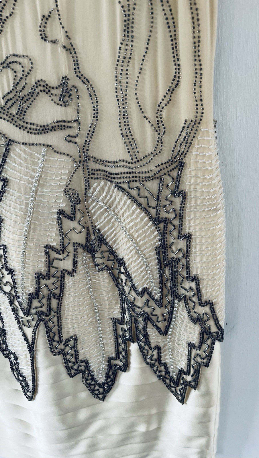 Vintage Fabrice Simon 1980s Beaded Handmade Silk Dress w/ Leaf Motif Over Skirt
