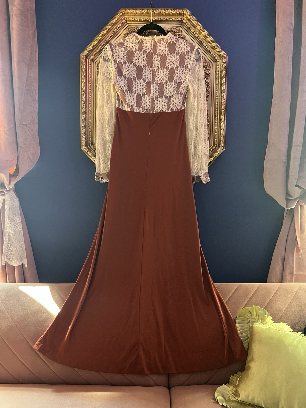 Handmade Vintage Dress 70s Cream Lace Rust Burgundy Gown Maxi Long Sleeve S/M
