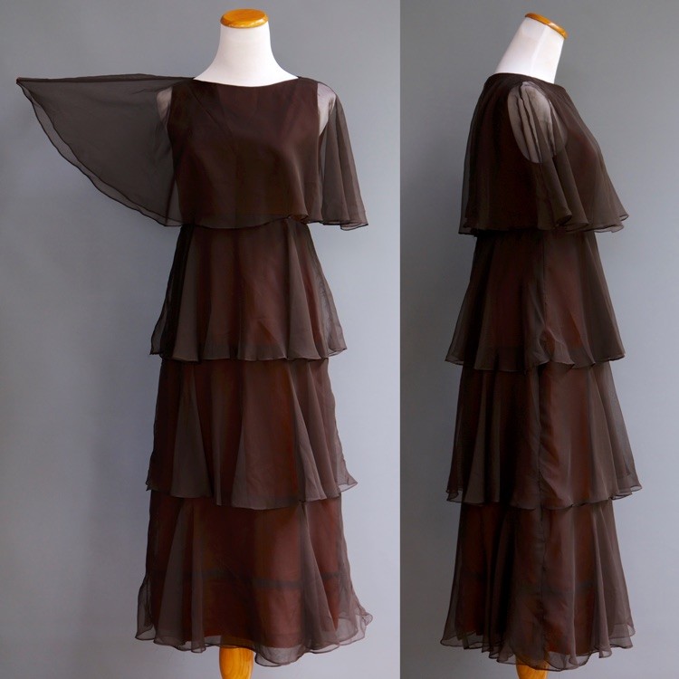 VTG 70s Marita Anthony Muto Diaphanous Tiered Brown Sheer Chiffon Disco Dress S