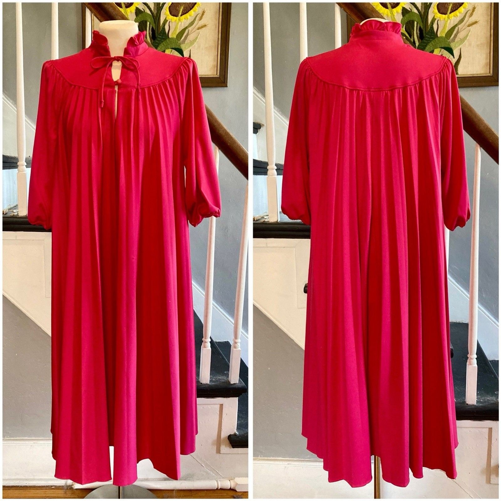 1970s 1980s Knit Lounge Trapeze Dress Hot Pink Fuchsia Pleated Tent Dress