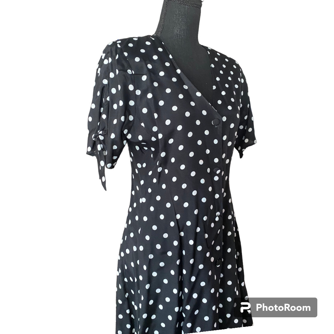 Clio Petites Vintage 80s Women’s button down black/ white Polka Dot Dress sz 8P