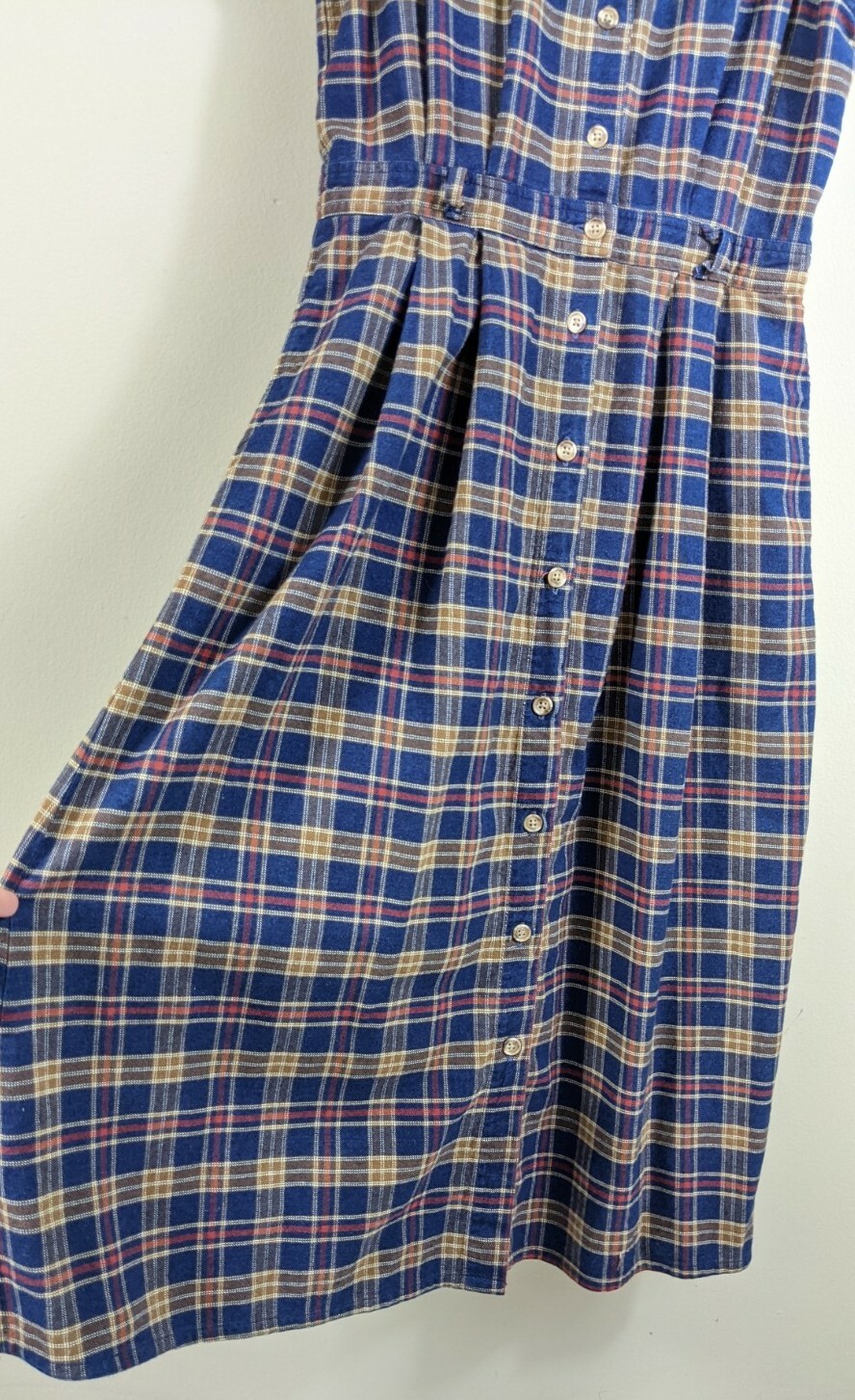 Vintage L.L. Bean Blue plaid Cotton Flannel Dress size M/L 1990’s 90s pockets