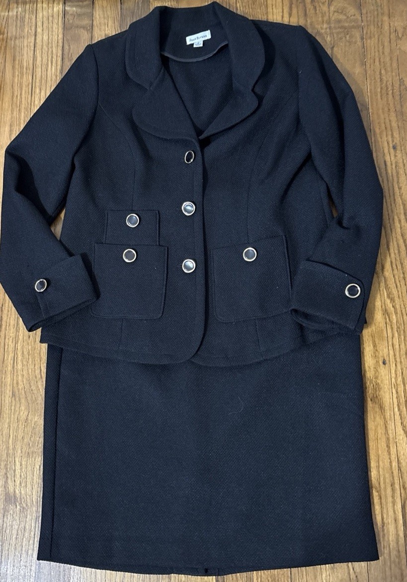 VINTAGE 2 PC JOAN RIVERS BLAZER SKIRT SUIT SET BLACK BUTTON ACCENTS SIZE MEDIUM