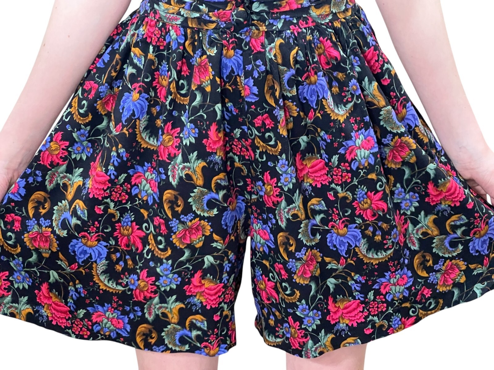 M Vtg 80s Culotte Mini Skirt Hi Stretch Waist Shorts Gitano Floral Rayon Pockets