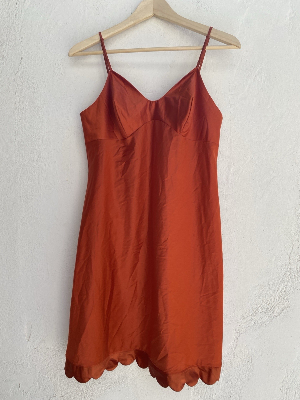 Vintage 70s Vanity Fair 34 S Slip Dress Scalloped Hem Burnt Orange