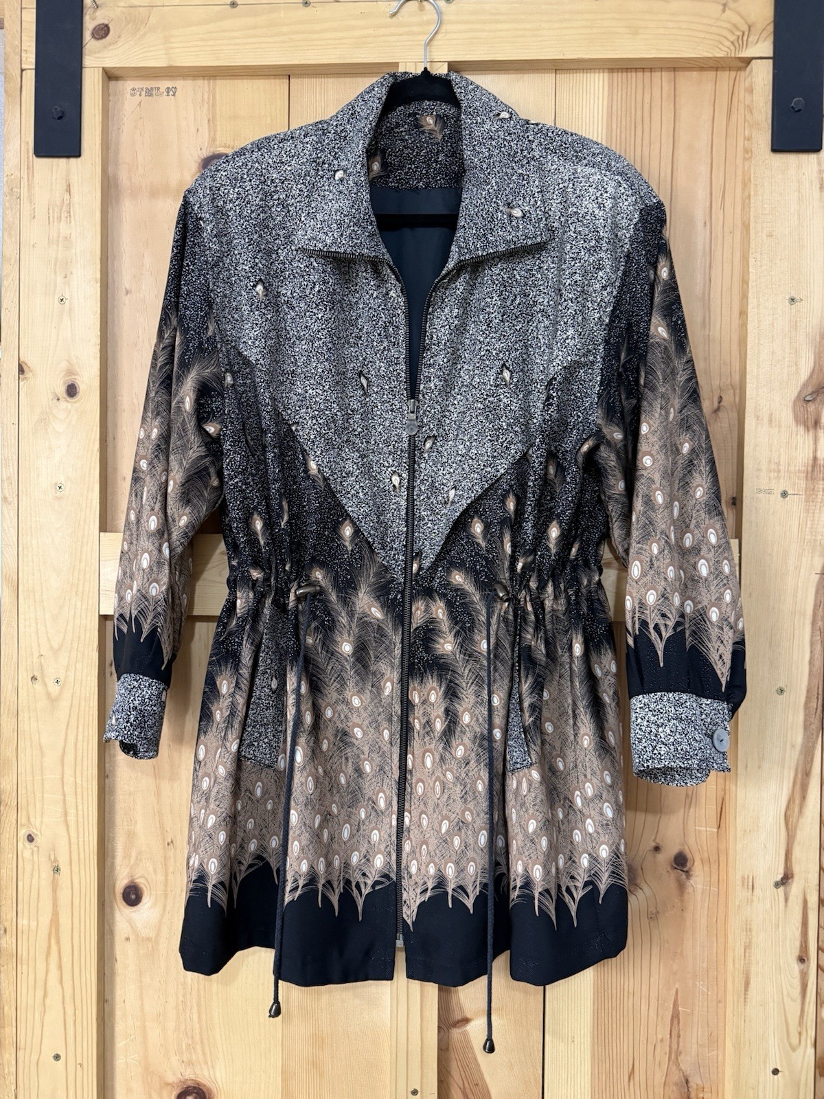 VTG Black & Gold Peacock Feather Full Zip Jacket Womens XL Waist Drawstring