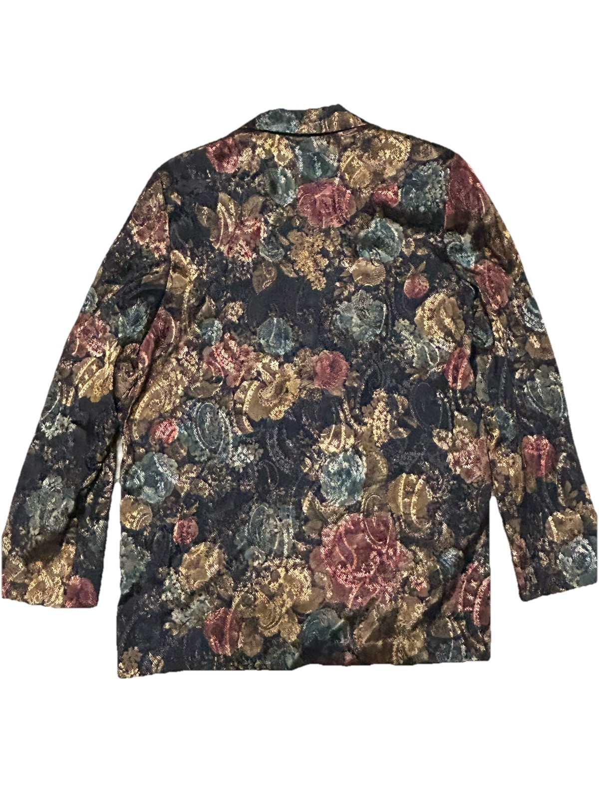 VTG 1980’s San Moire Women’s Blazrer SzM Black Floral Tapestry Padded Shoulders