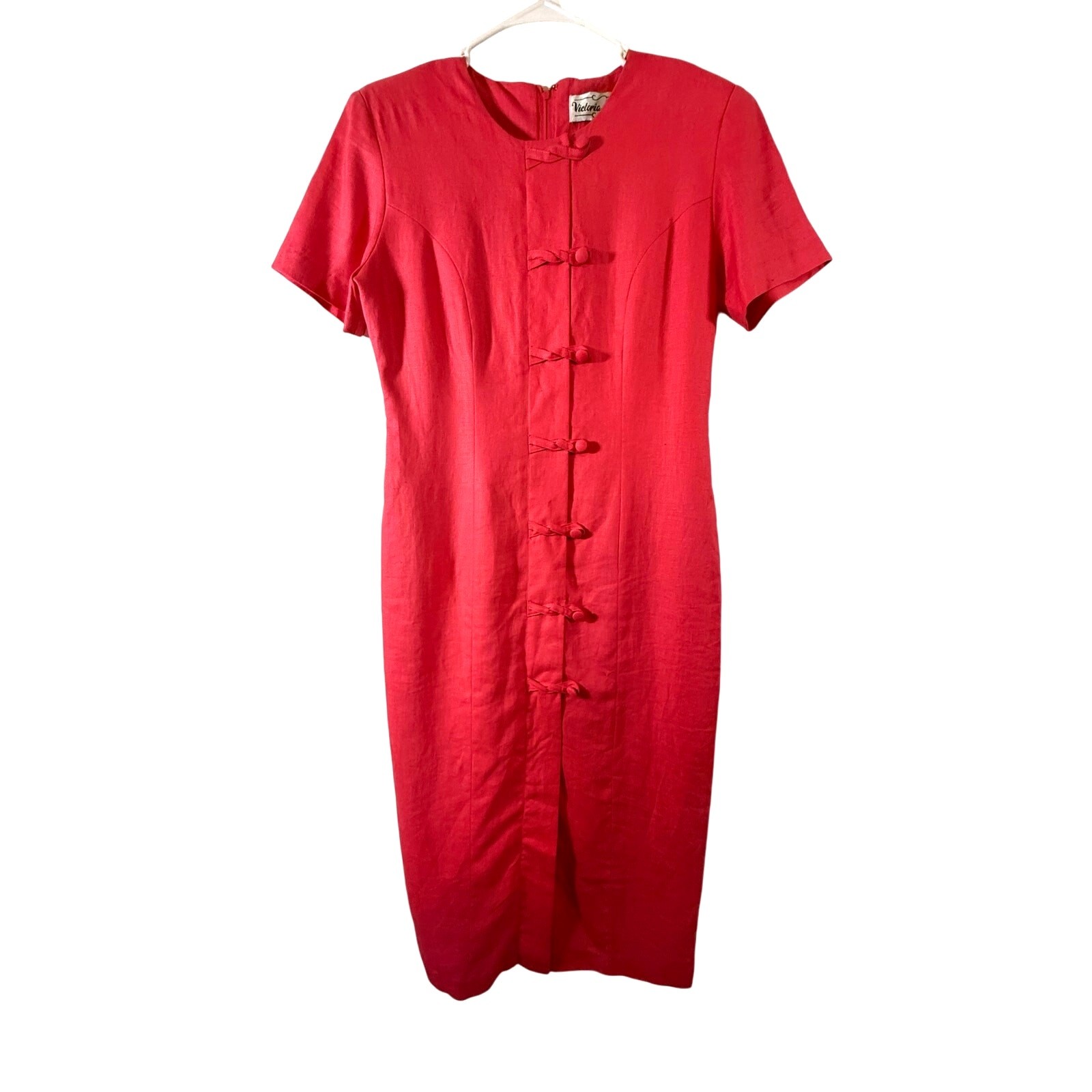 Vintage 80s Victoria Holley Coral Linen Asian Academia Secretary Pencil Dress 8