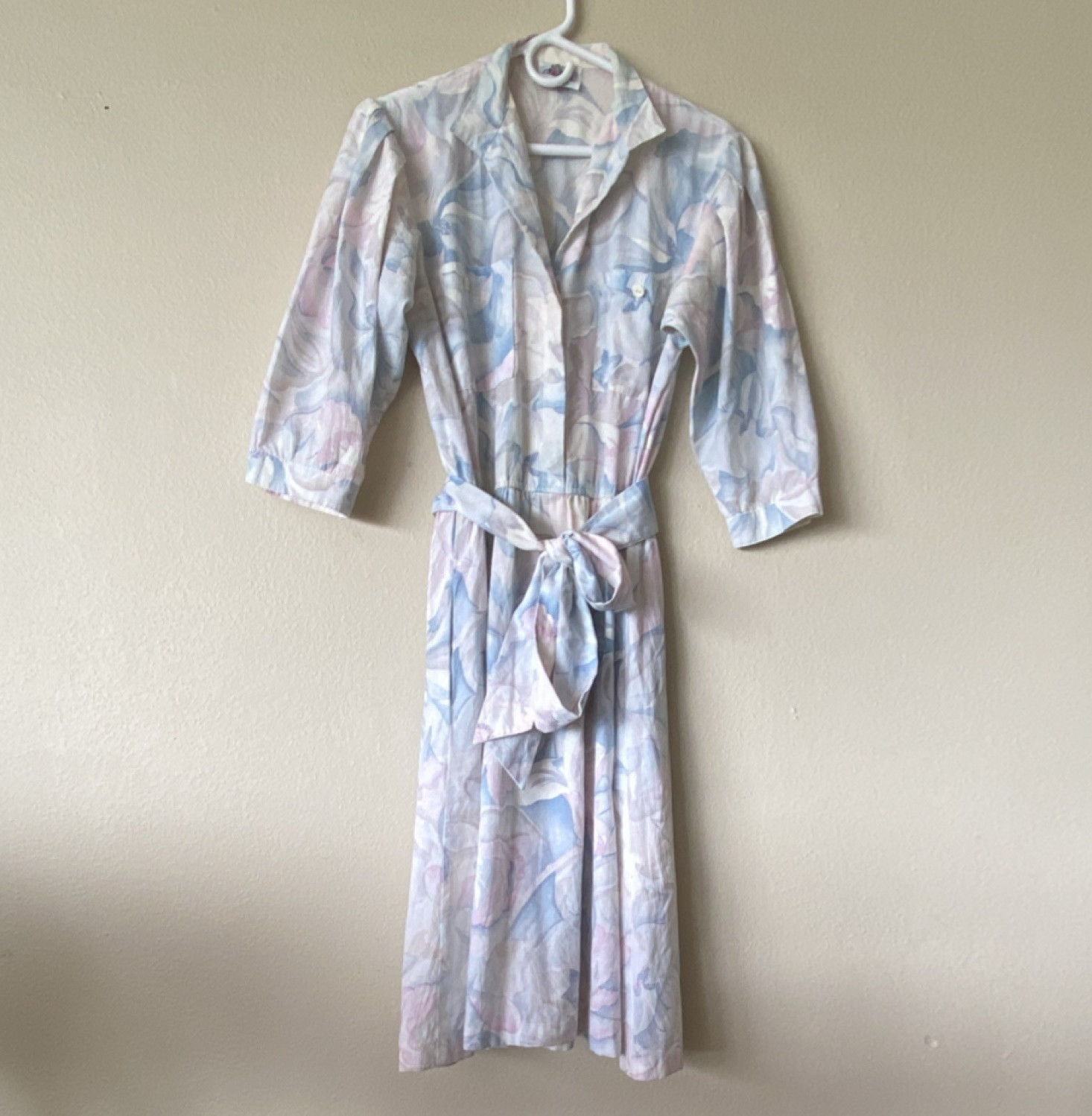 Vtg 80s Lanz Pastel Floral Tie Belt Shirt Midi Dress size Large cottagecore twee