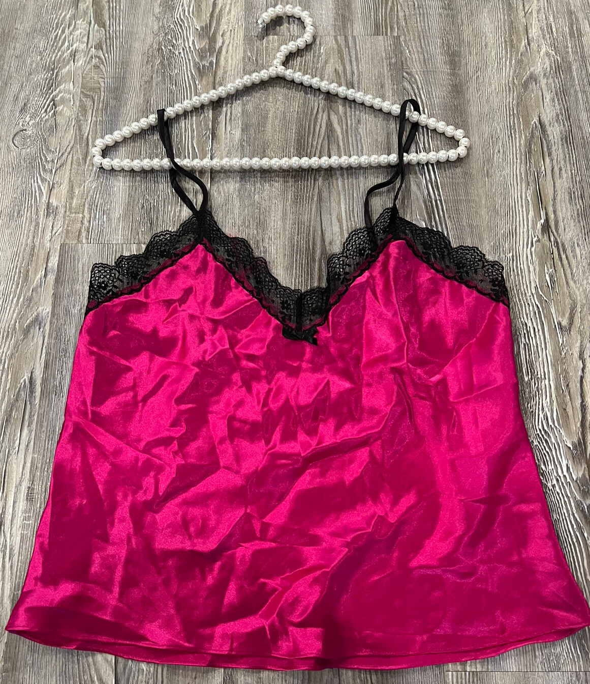 VTG Victoria’s Secret Crazy Pink Silky Shiny Satin Black Lace V-Neck Camisole M