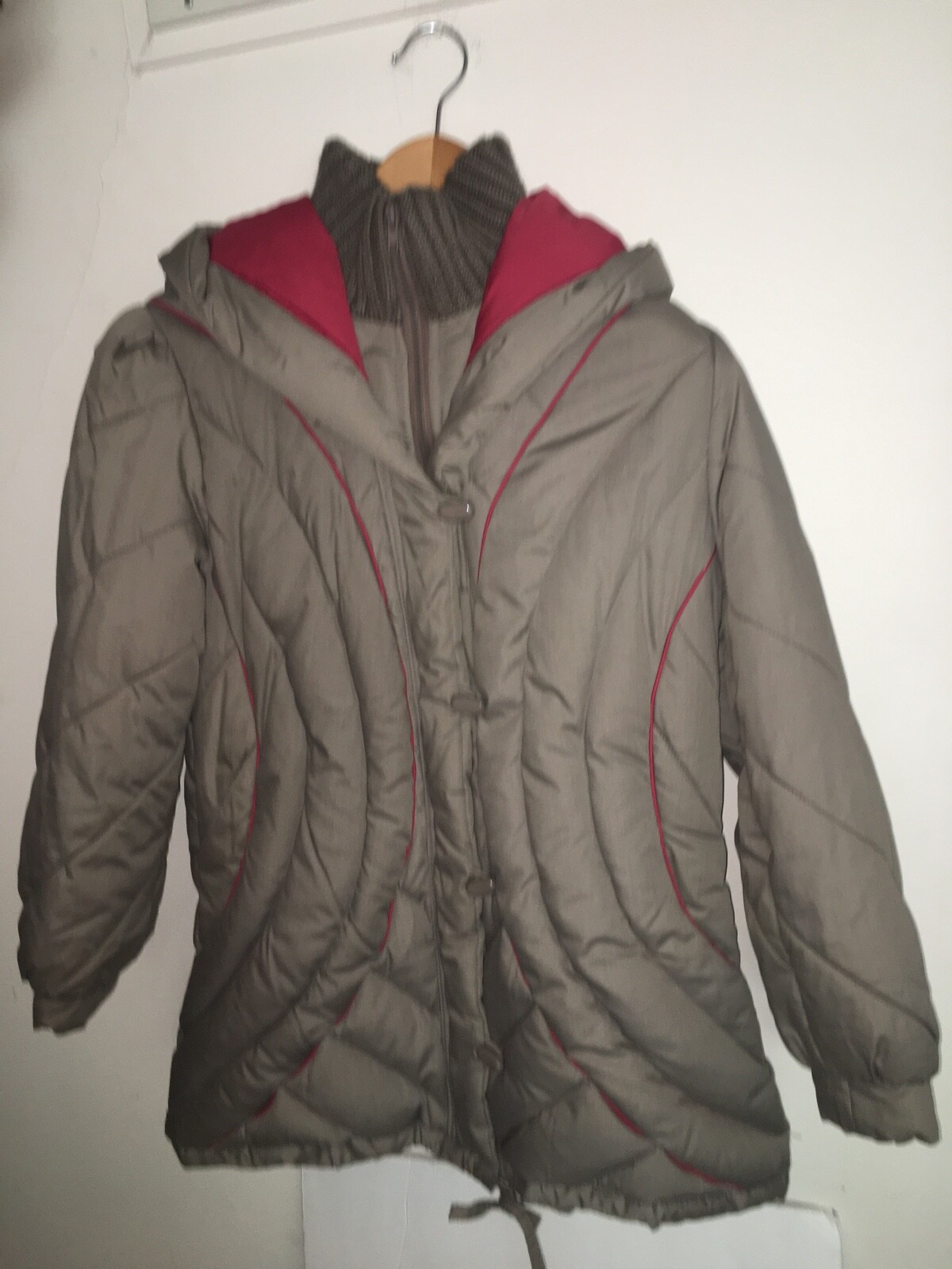 VTG Foxland by Lanson Down Puffer Quilted Coat 80s Gray Maroon Hood Womens Sz S